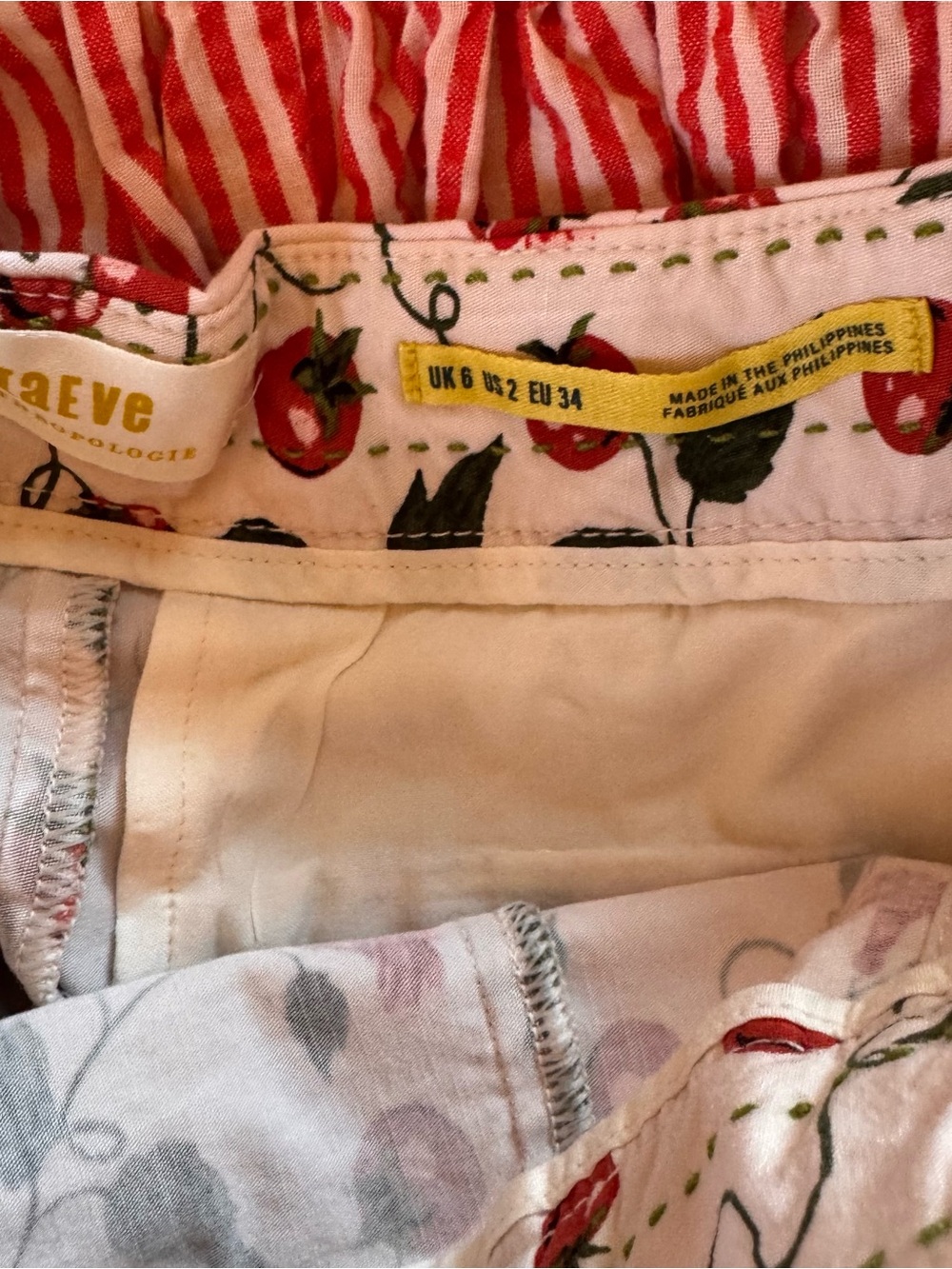 Anthropologie Maeve Red and White Striped Wrap Skirt With Tomato Print Shorts - Picture 7 of 11
